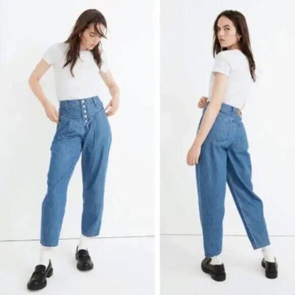 MADEWELL Tapered Yoke High Rise 80s Button Fly Jeans Size 25 Blue Steinbeck Wash - Picture 2 of 7